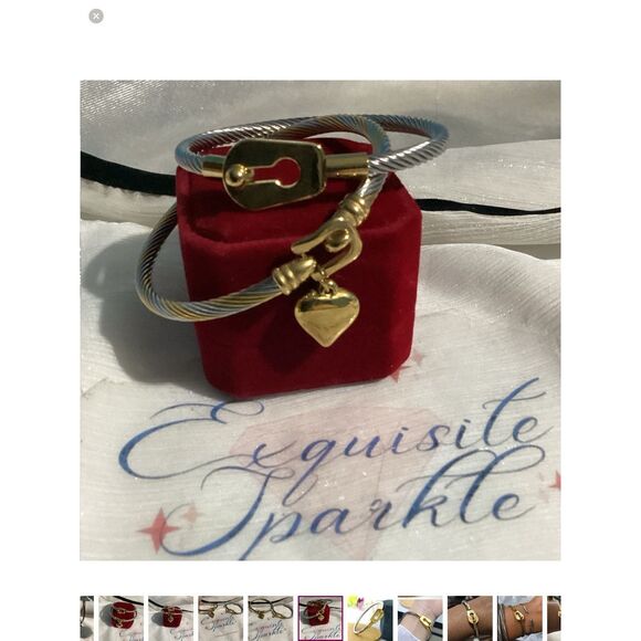 🗝️🖤•Industrial Chic Multi Tone Cable Bracelet Set – Gold Lock & Heart Charm - Picture 12 of 12